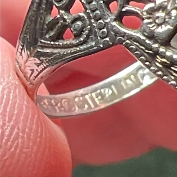 Antique Art Deco Ornate Filigree Sterling Silver Paste Diamond Statement Ring - Picture 10 of 11